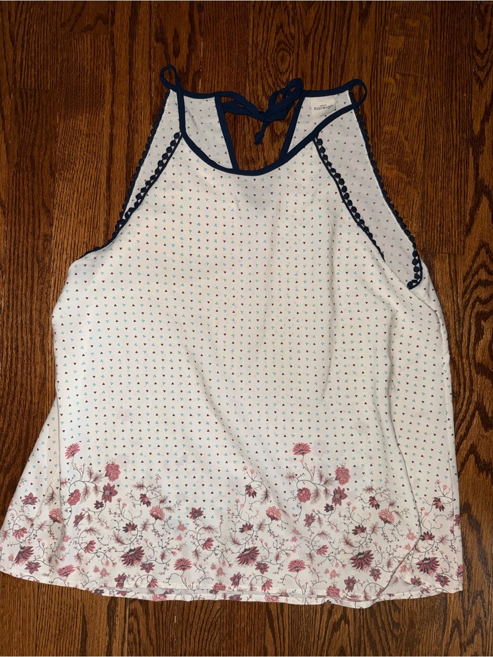 Kaileigh White Halter Camisole with Pink Floral Border and Navy Trim